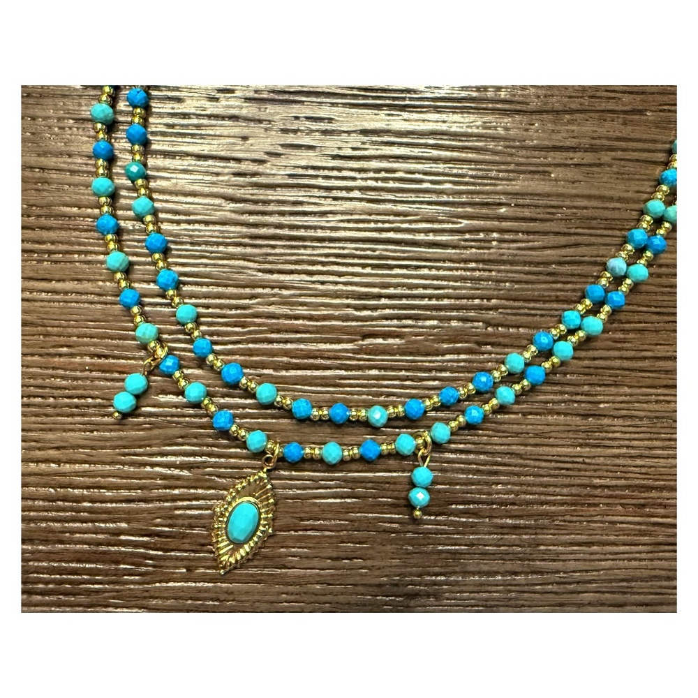 Handmade Natural Turquoise Faceted Bead Necklace with Gold Accents and Eye Charm